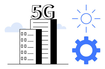 Naklejka premium High-rise building featuring 5G text, surrounded by sun, gear, and cloud elements. Ideal for communication, technology, innovation, connectivity, mobile networks internet speed simple flat metaphor