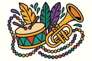 Vibrant mardi gras celebration with drum trumpet feathers and beads © Md Abdul Latif