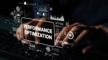 Hands Typing on Keyboard with Digital Performance Optimization Graphics and Data Analytics Background. Asymptotic smart data analytic.
