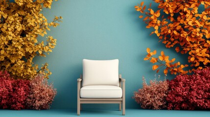 Empty armchair framed by autumn foliage and textured blue wall