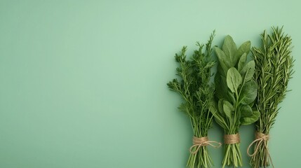 Fresh bunches of herbs rosemary, spinach, and dill on green background