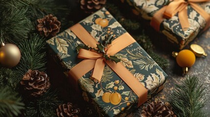 Festive christmas gift wrapped in holly and pine pattern with oranges