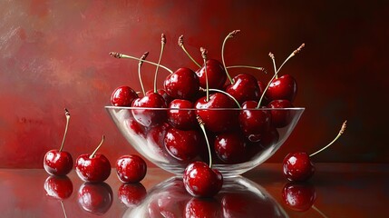 Fresh cherries in glass bowl, ripe red fruit with stems, reflecting on surface