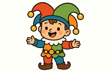 Joyful cartoon child dressed as a colorful jester with a happy expression and open arms