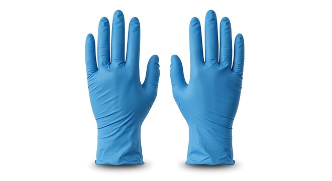 Pair of blue nitrile medical examination gloves displayed flat against a white background blue gloves