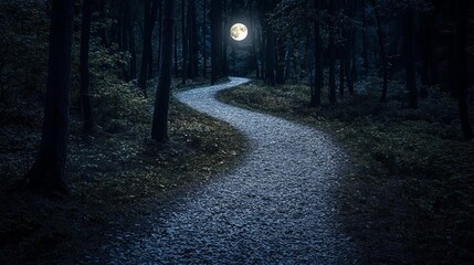 Moonlit forest path winding through dark trees with full moon overhead.