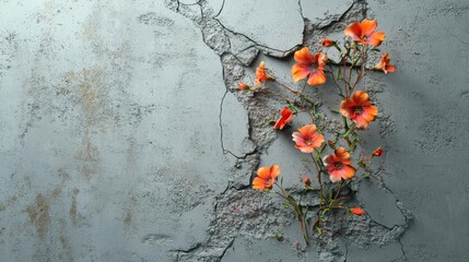 Orange flowers bloom through cracked concrete wall, symbolizing resilience and hope.