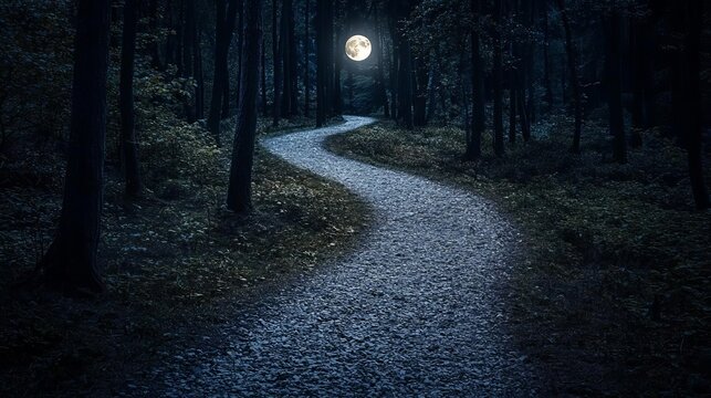 Moonlit forest path winding through dark trees with full moon overhead. - Powered by Adobe