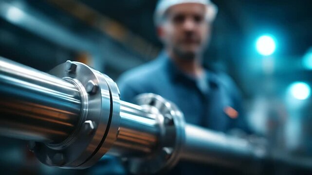 A plumber inspects a stainless steel pipeline and expansion vessel in a boiler room hyper realistic pipe fittings with clear textures moody shadows on metal surfaces bright