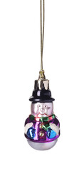 Christmas ball in shape of snowman hanging on white background