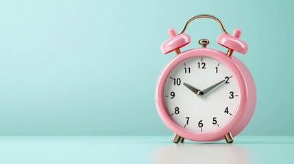 Retro pink alarm clock on a pastel blue background, close-up studio shot