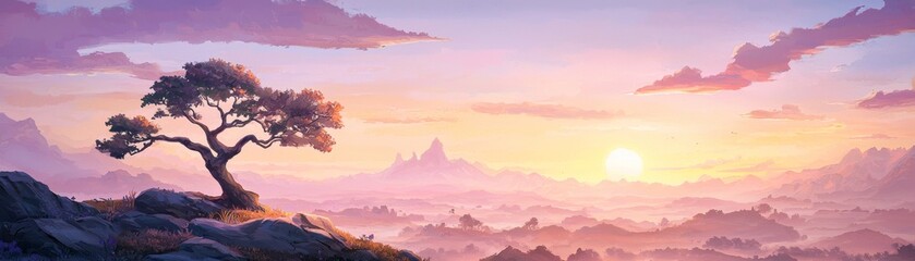 Serene mountain landscape at sunset with a solitary tree on a rocky outcrop.