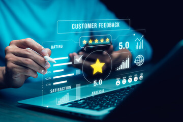 Business analytics dashboard showing 5 star customer satisfaction rating, data charts, and feedback metrics. Concept of client experience, survey, and performance evaluation.