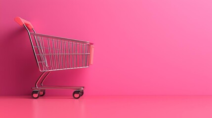 Shiny shopping cart on a bright pink background, studio product shot