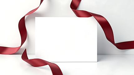 Blank white card with red ribbon isolated on white background, elegant