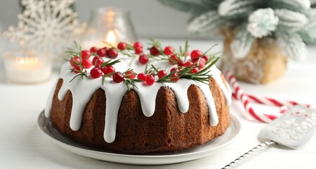 Tasty Christmas cake with icing, cranberries and rosemary on white wooden table, closeup