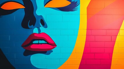 Vibrant graffiti mural of womans face with bold lips and eyes on brick wall