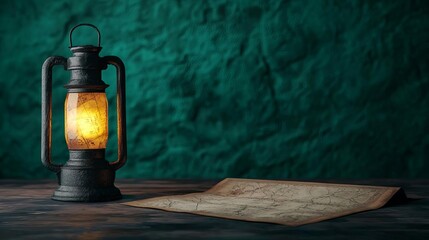 Vintage lantern illuminates old map on textured surface