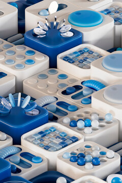 3D interface blocks in blue tones with modules