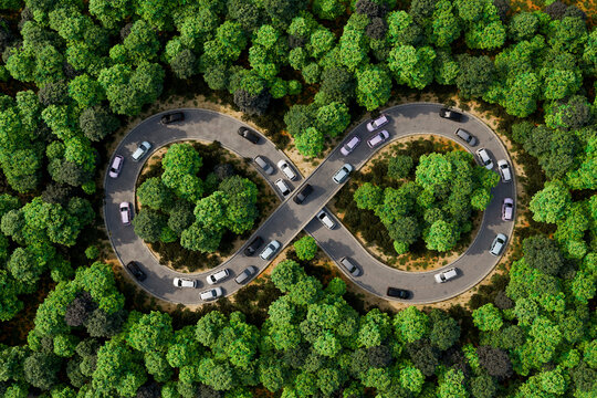 Loop Infinite 3D road concept in dense green forest with traffic