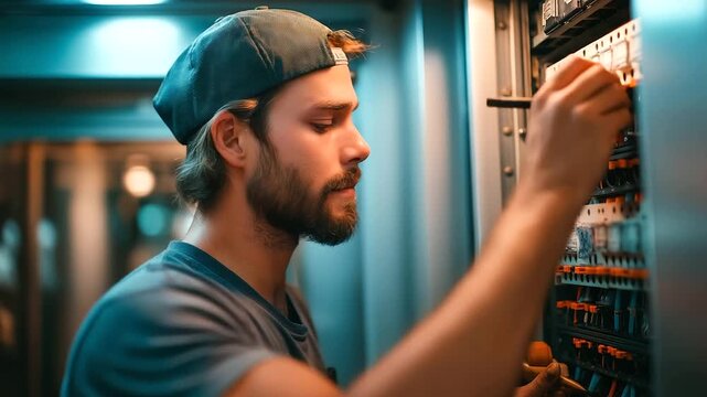 A machinist adjusts an elevator mechanism in a lift shaft hyper realistic lift components with clear details moody shadows on the shaft bright saturation in repair tools