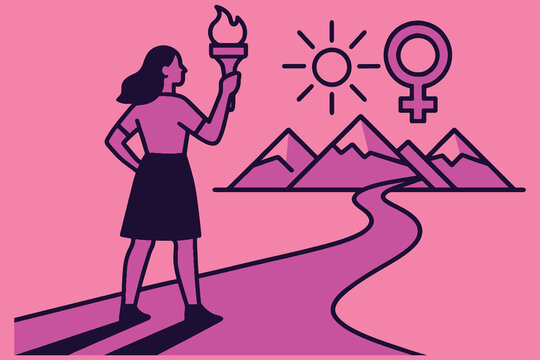Woman holding a torch on a path towards mountains and the female symbol representing empowerment and progress - Powered by Adobe