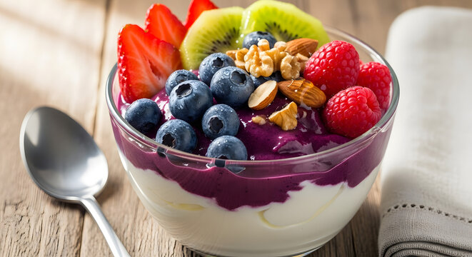 Delicious yogurt bowl with fresh fruits blueberries raspberries kiwi strawberry and nuts breakfast food bowl