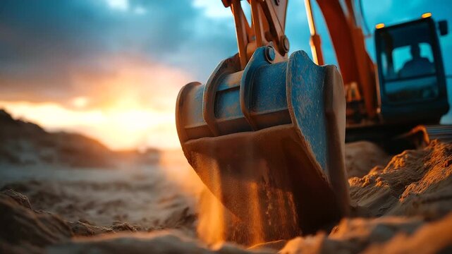 An excavator loader operates in a sandpit hyper realistic bucket details with vivid textures moody shadows on the sand bright saturation in construction equipment excavator loa
