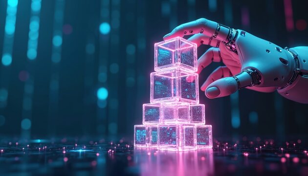 Robotic hand constructs glowing digital data cube tower. Transparent blocks show intricate code inside. Neon light trails fill background. Visualizes artificial intelligence creating future tech,