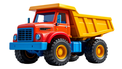 A realistic PNG of a toy dump truck with bright colors and playful detailing. Perfect for kids’ product designs, toy catalog graphics, preschool learning visuals, and playtime-themed illustrations.