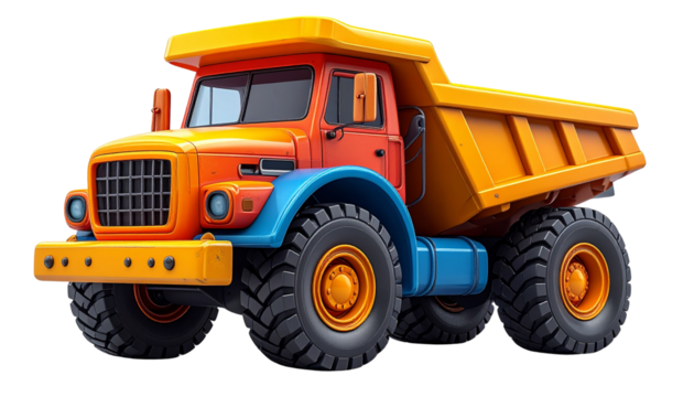 A realistic PNG of a toy dump truck with bright colors and playful detailing. Perfect for kids’ product designs, toy catalog graphics, preschool learning visuals, and playtime-themed illustrations.
