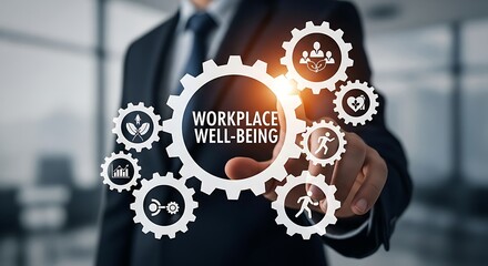 Businessman touching gears representing workplace wellbeing and employee health