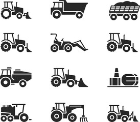 Farm tractor and agricultural machinery glyph icons set with dump truck, trailer, loader, sprayer, harvester and warehouse storage for modern farming infographics