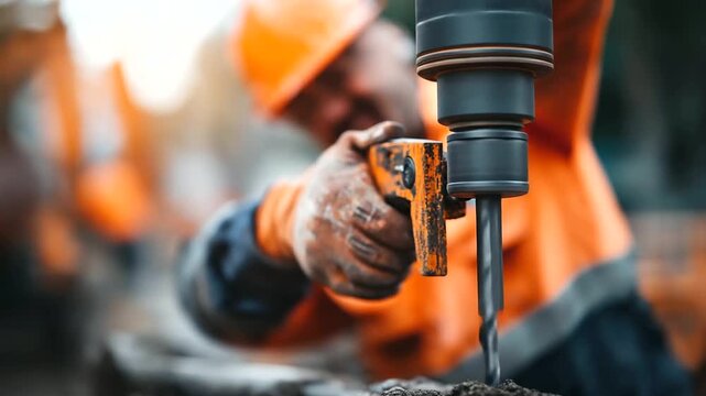 A worker operates a drilling rig for ground boring hyper realistic drill bits with clear details moody shadows on the soil bright saturation in drilling equipment ground