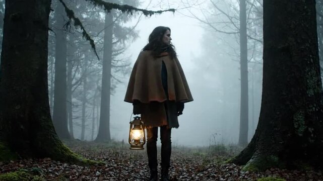 A woman in a cape walks through a foggy forest holding a glowing lantern.