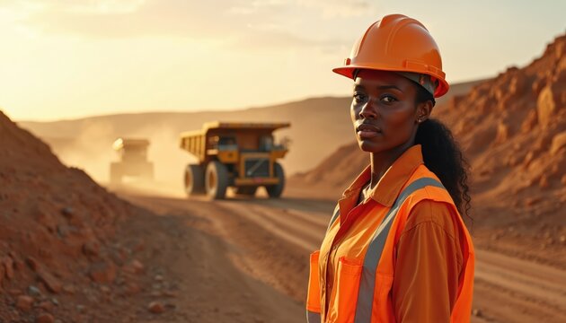 African woman engineer in safety gear at mining site. Female industrial worker stands near heavy machinery trucks. Person works at quarry with construction equipment at sunset.