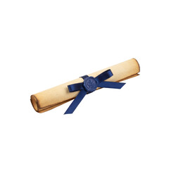 Elegant old parchment scroll with a wax seal and blue ribbon, conveying a sense of history