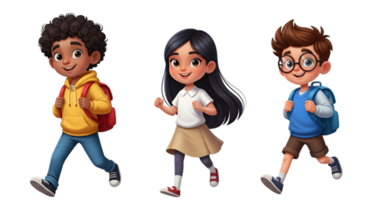Three cartoon children walking with backpacks isolated on transparent background