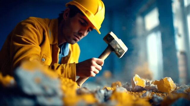 A worker demolishes an interior wall with a hammer hyper realistic debris with vivid textures moody shadows on the wall bright saturation in demolition tools wall demolition