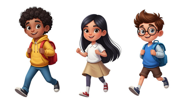 Three cartoon children walking with backpacks isolated on transparent background