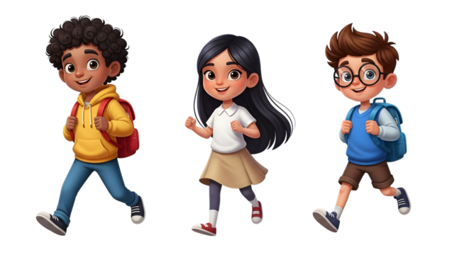 Three cartoon children walking with backpacks isolated on transparent background