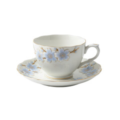 Elegant porcelain teacup and saucer adorned with delicate blue floral design on solid background