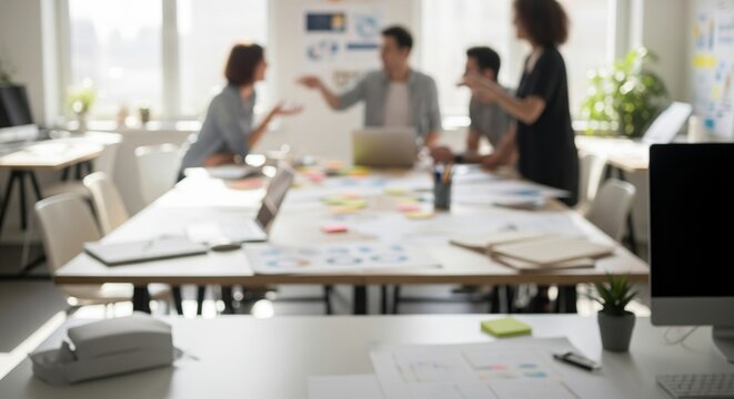 Collaborative Creative Studio with Blurred Background. modern creative studio or agency office, intentionally blurred. In the background. Soft focus creates ample copy space