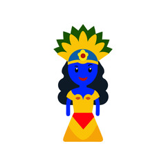 Cartoon blue goddess with elaborate headdress and yellow dress