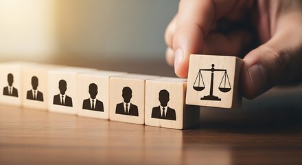 Hand placing a justice scale icon block in a line of people icons
