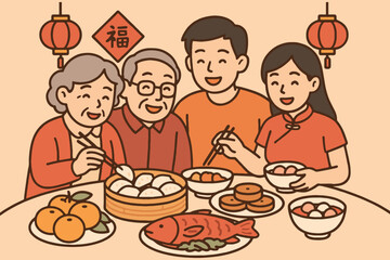Happy asian family enjoying traditional lunar new year reunion dinner together
