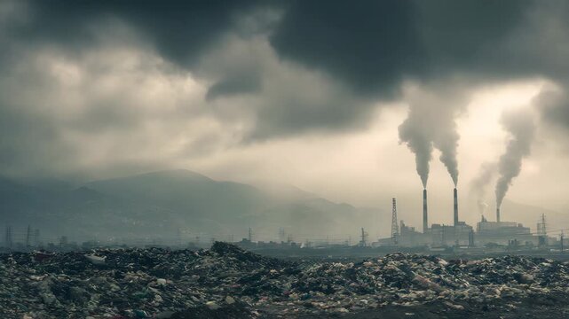 Pollution video preview showing smoke stacks belching smoke over vast landfill, hinting at environmental damage and industrial waste issues
