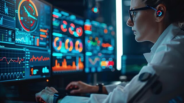 A dedicated analyst focuses on multiple screens displaying complex data visualizations in a modern control room. Expert analyst monitors data and performance in a high-tech control room at night