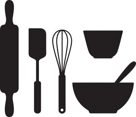 Baking Tools Flatlay Silhouette Icons Set Rolling Pin Whisk Spatula Bowl Cup Minimal Design