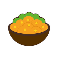 Stylized bowl of orange food with green garnish
